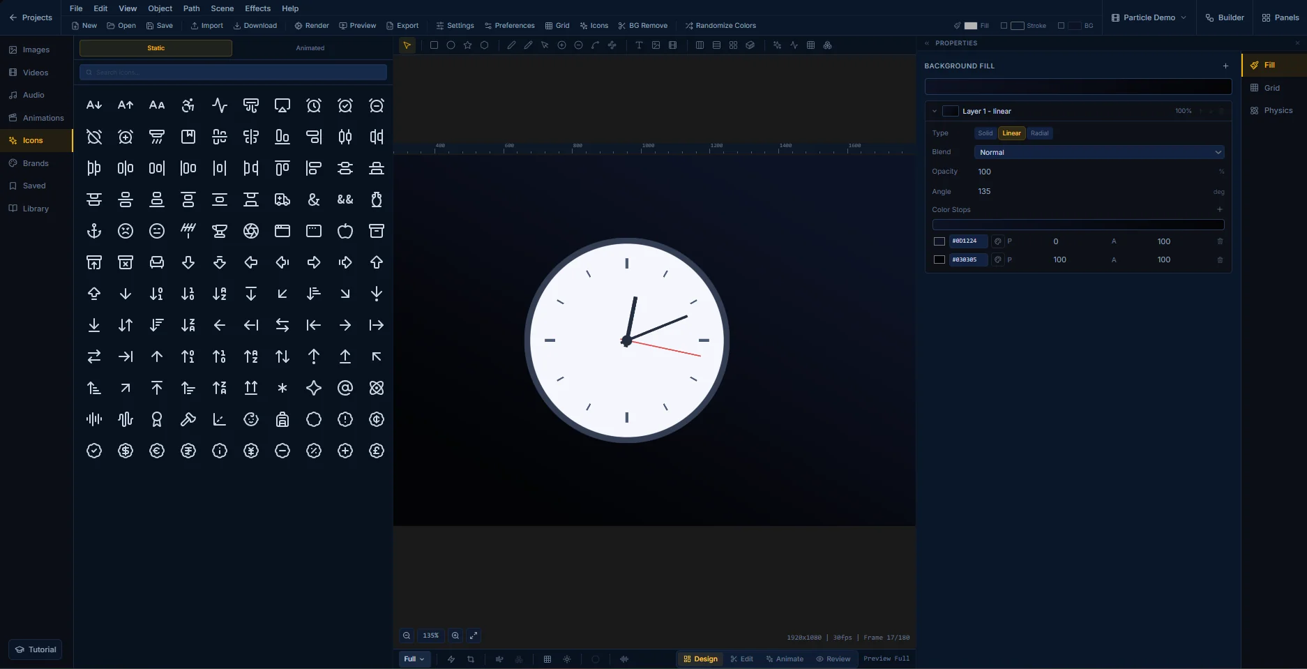 The FlashFX editor with a simple animated clock on the canvas and the icon library open