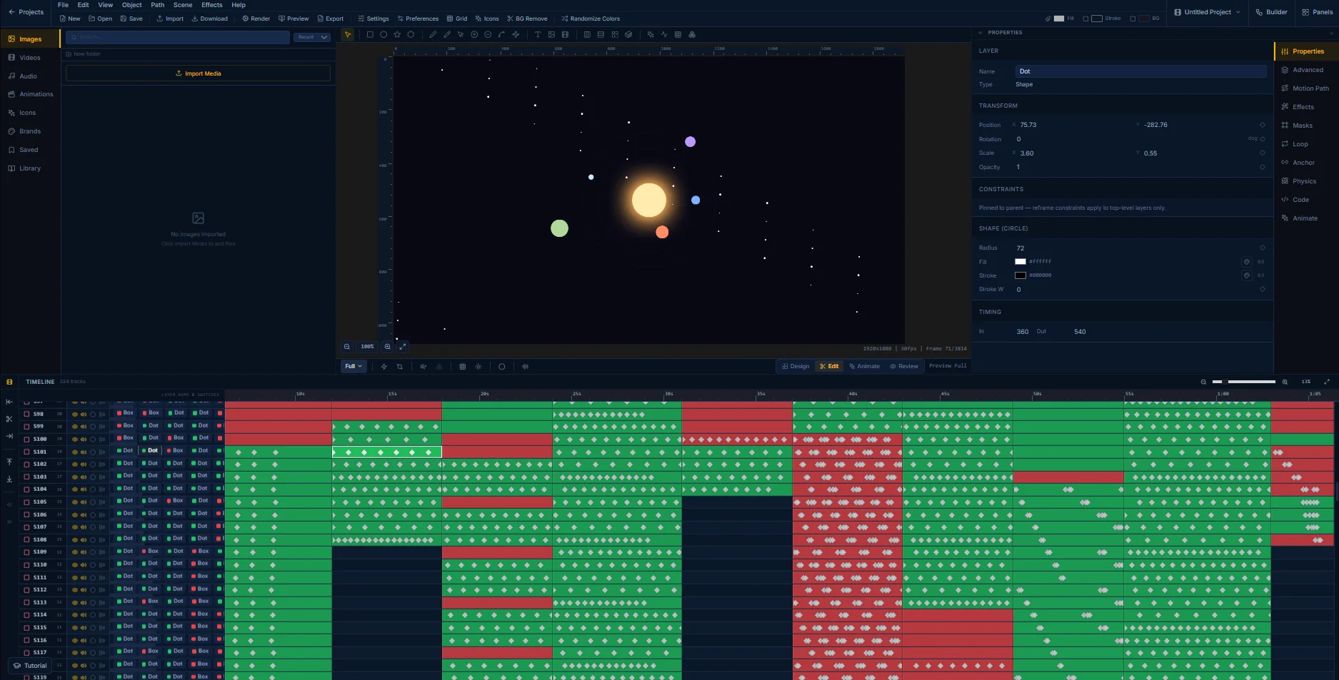 The FlashFX editor running a 334-track timeline with dense keyframes across every layer