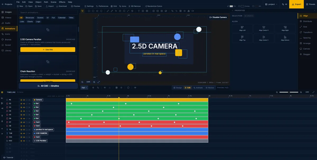 The 2.5D camera parallax showcase in FlashFX, flat cards at different depths with a camera trucking across and pushing in