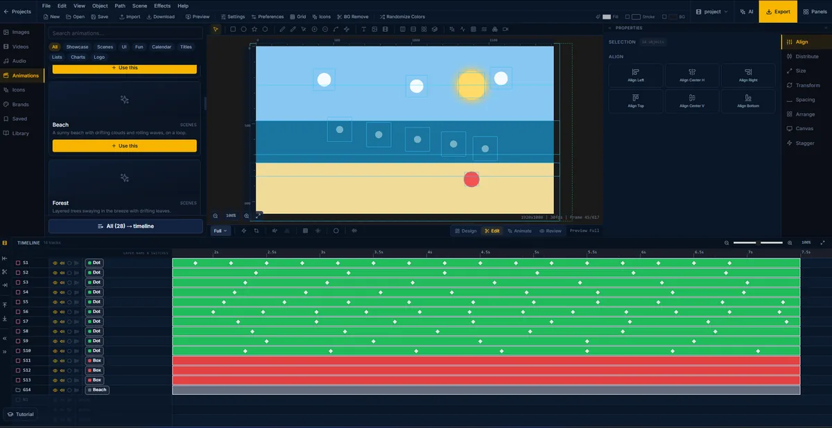 A beach scene in FlashFX with sky, sea and sand bands, fourteen objects selected and the align panel open