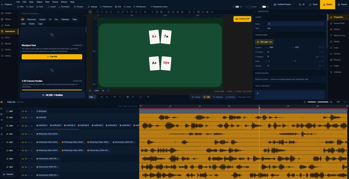 A top-down blackjack deal in FlashFX with cards on a green table and eight voiceover tracks laid out as waveforms below
