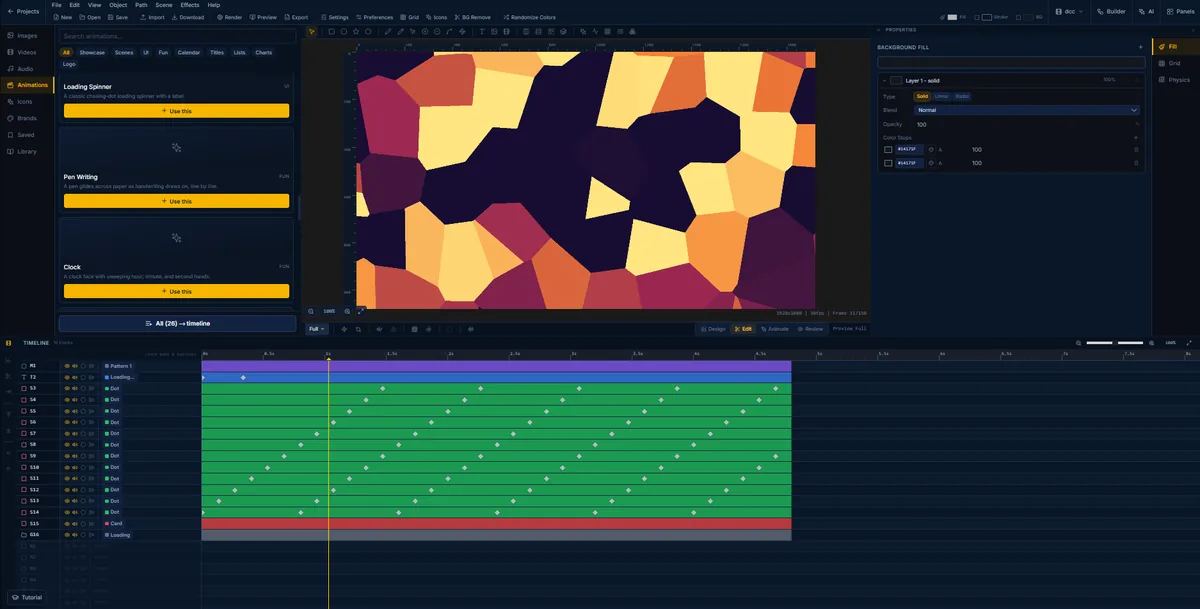 A Voronoi cell field in FlashFX in amber and plum, generated as a pattern layer over a loading spinner