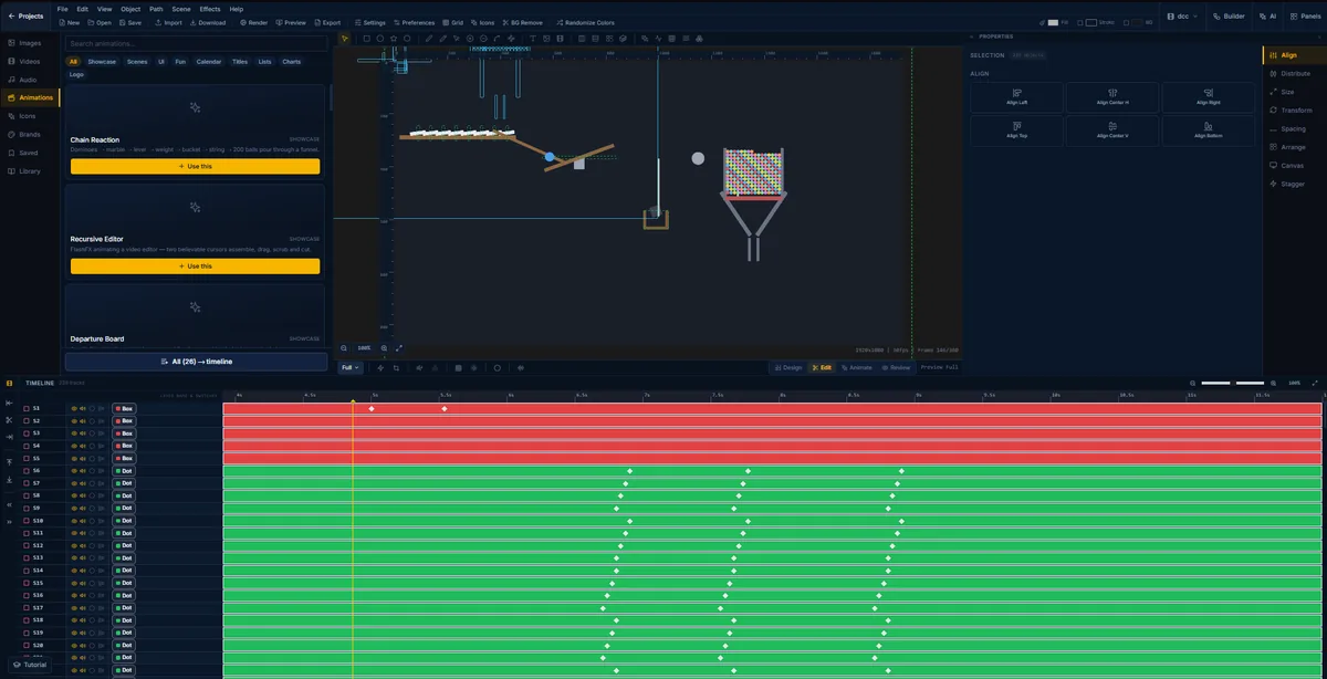 The chain reaction scene in FlashFX with 239 objects selected at once and the align and distribute panel open