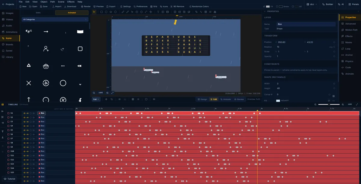 An airport departure board animation being built in FlashFX, its split-flap letters keyframed across 234 timeline tracks