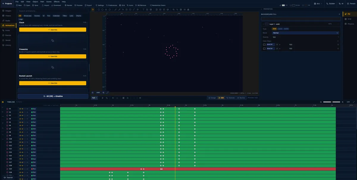 A fireworks animation in FlashFX, sparks bursting across a night sky on 75 tracks