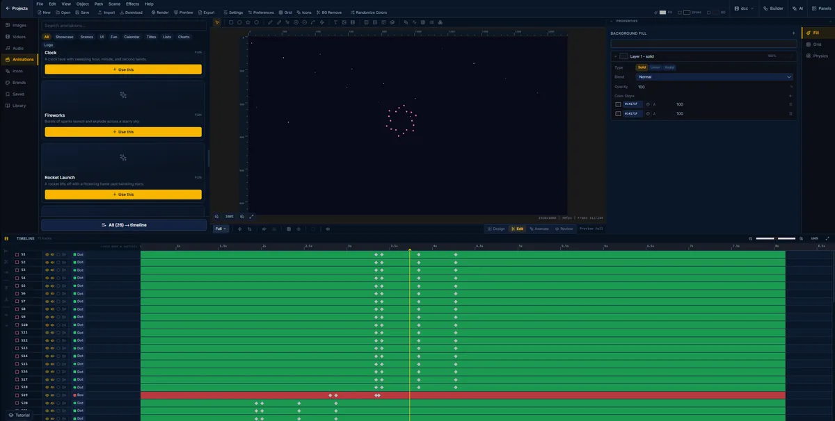 A firework mid-burst in FlashFX, a ring of pink sparks expanding over a dark sky on seventy-five tracks