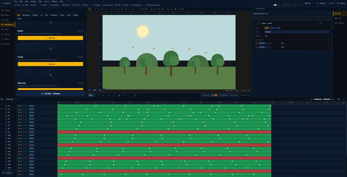 A layered forest scene in FlashFX, trees swaying on their own keyframed tracks