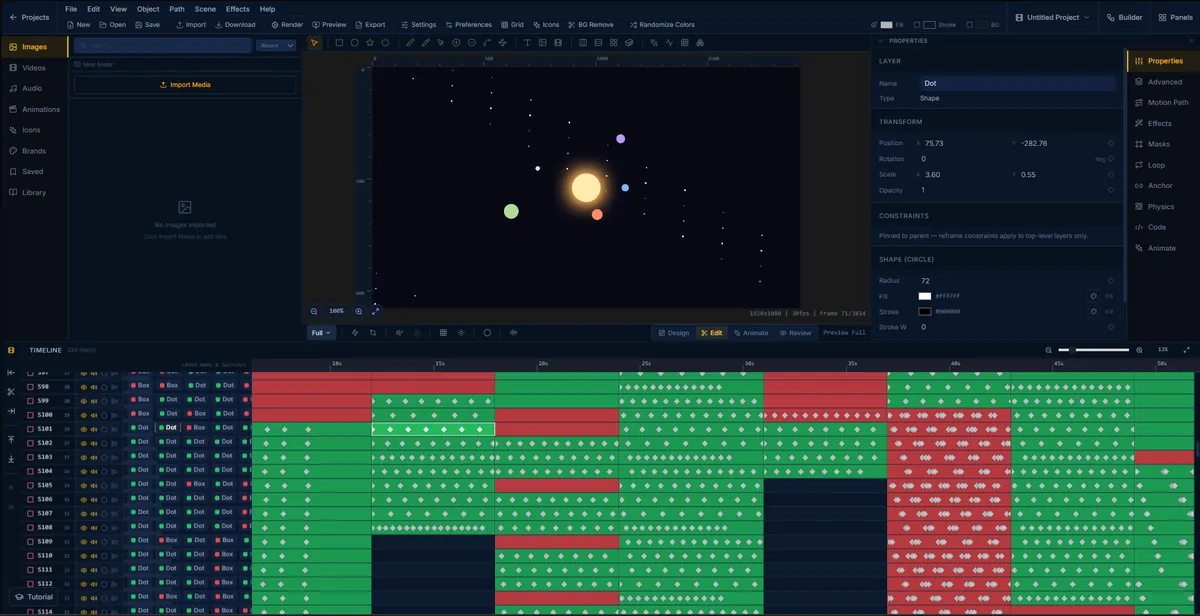 A long galaxy animation in FlashFX zoomed out to show all 334 timeline tracks at once