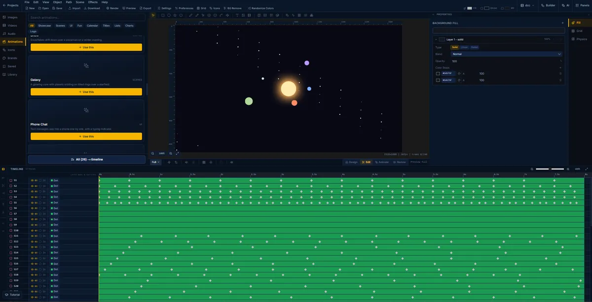 A galaxy scene in FlashFX, planets orbiting a glowing core over a starfield