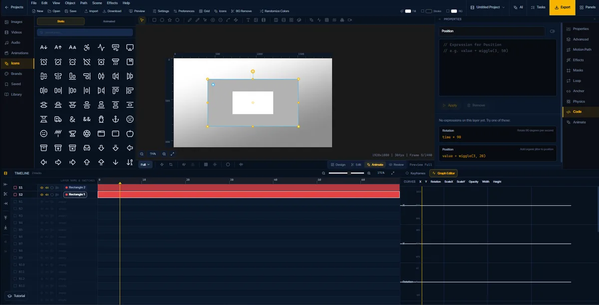 The FlashFX graph editor open on position, rotation, scale and opacity curves, with the expression panel beside it
