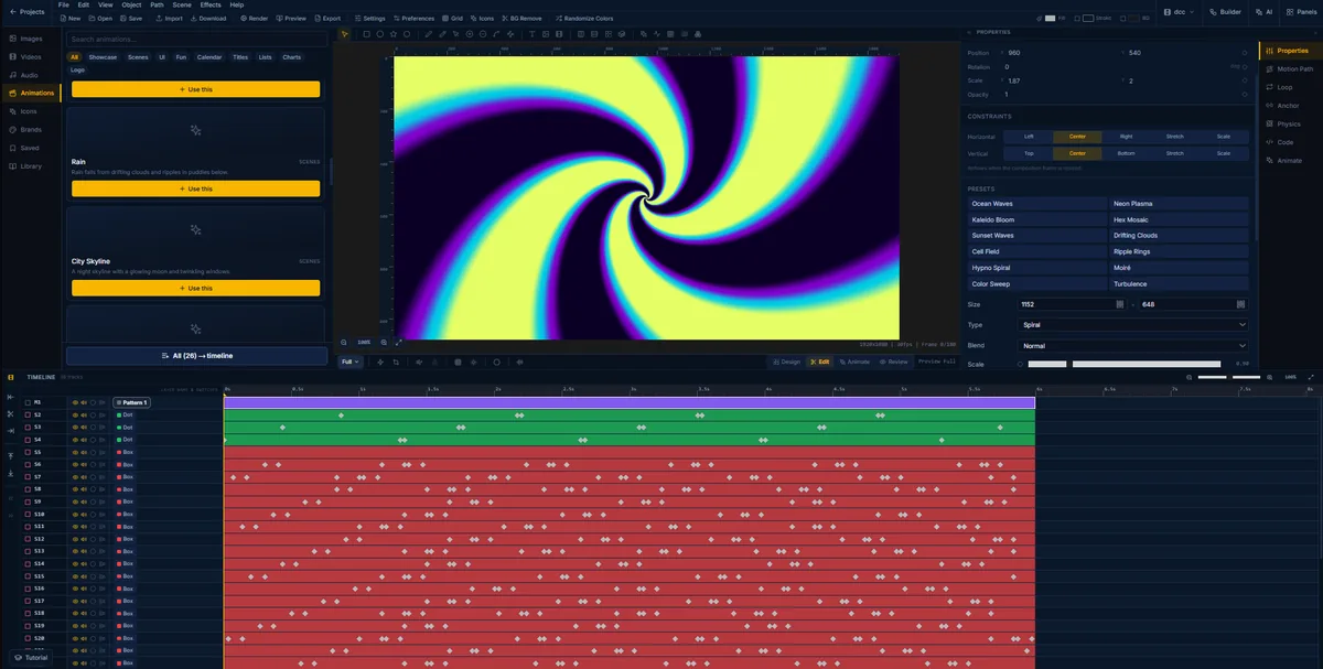 A yellow and violet spiral generated in FlashFX, with twelve pattern presets listed beside it including Ocean Waves and Moire