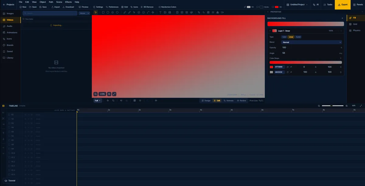 A linear gradient background being edited in FlashFX, angle and colour stops set on a red to grey ramp