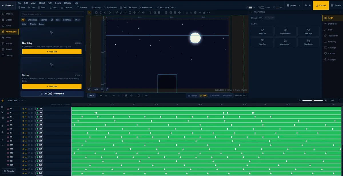 A night sky scene in FlashFX, a glowing moon over a starfield with thirty-one animated layers