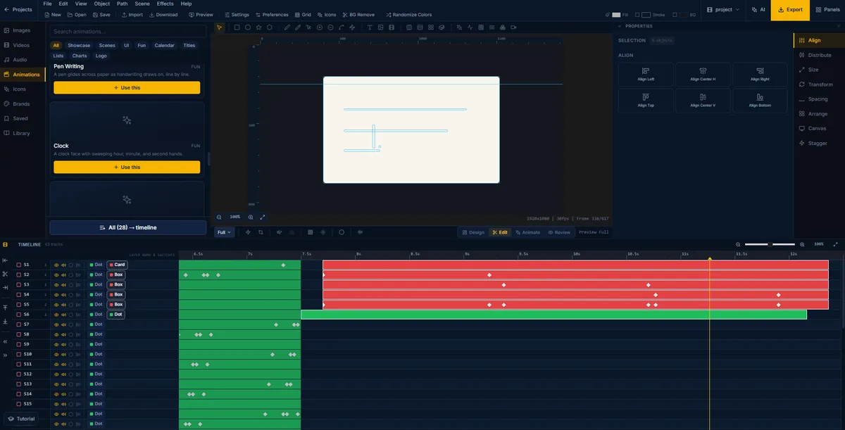 A handwriting animation in FlashFX, ruled lines drawing themselves onto a sheet of paper across a 617-frame timeline