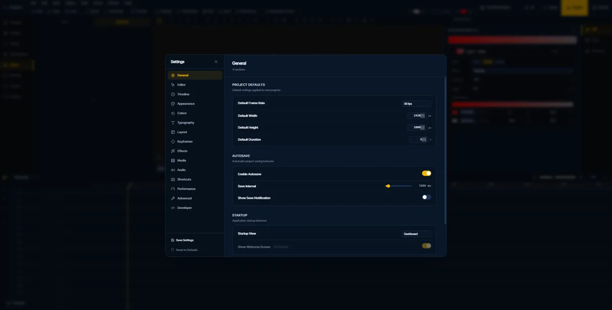 The FlashFX project settings dialog showing frame rate, canvas size, default duration and autosave interval