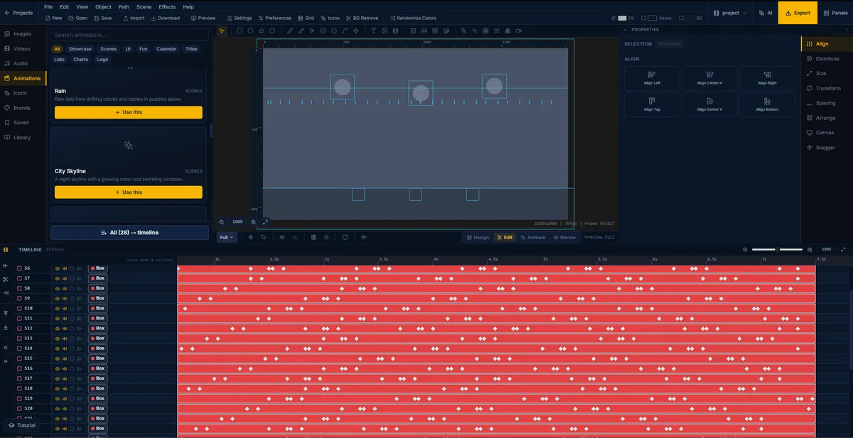 A rain scene in FlashFX with thirty-seven objects selected, showing the raindrop and puddle layers as outlines