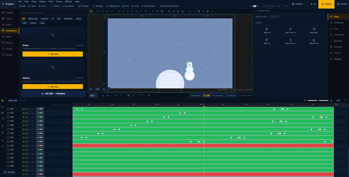 A winter scene in FlashFX, snow drifting past a snowman across forty-three timeline tracks