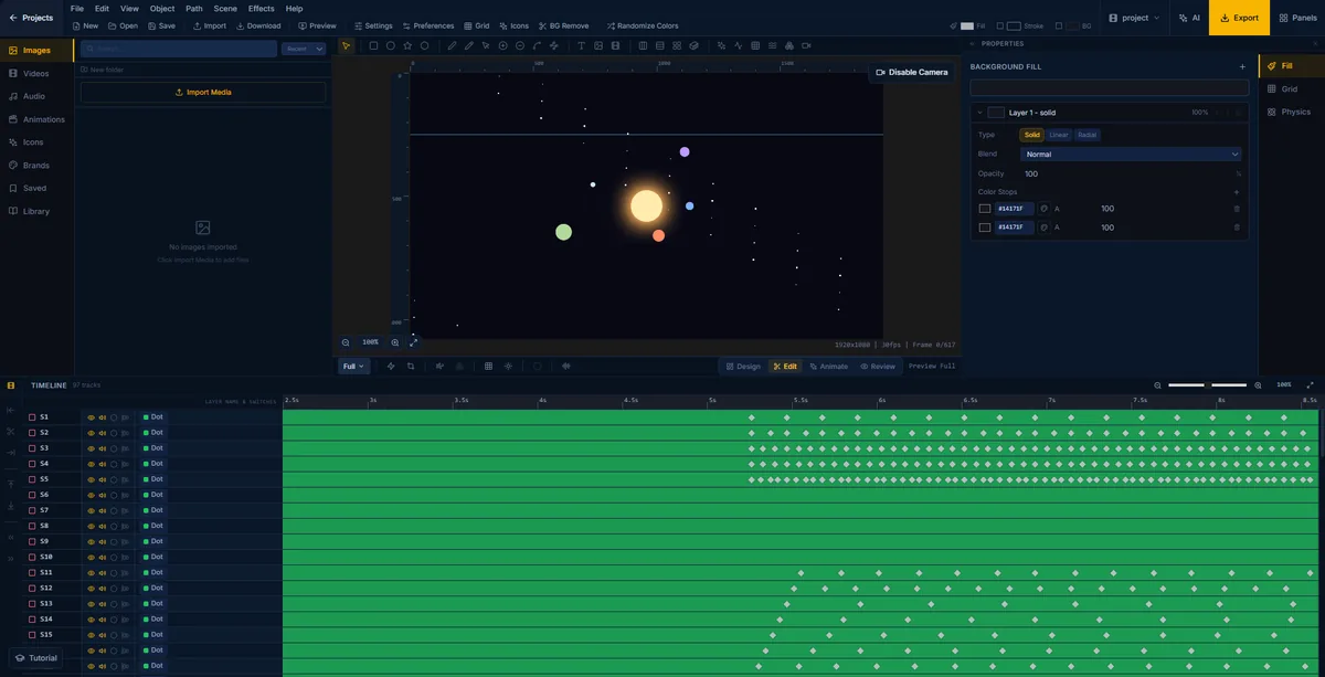 A solar system animation in FlashFX with the scene camera enabled, ninety-seven layers running over a 617-frame timeline