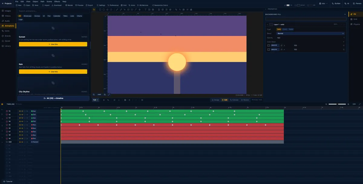 A sunset scene in FlashFX, the sun sinking into the sea under banded gradient skies