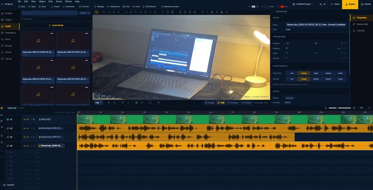 Imported footage of a laptop playing on the FlashFX canvas with three voiceover clips on separate audio tracks