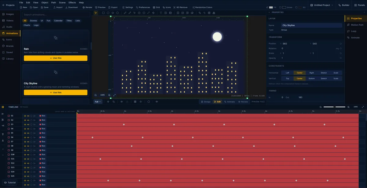 The City Skyline template open in the FlashFX editor