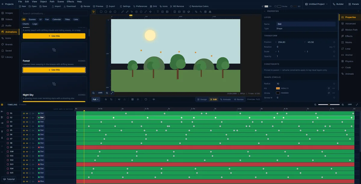 The Forest template open in the FlashFX editor