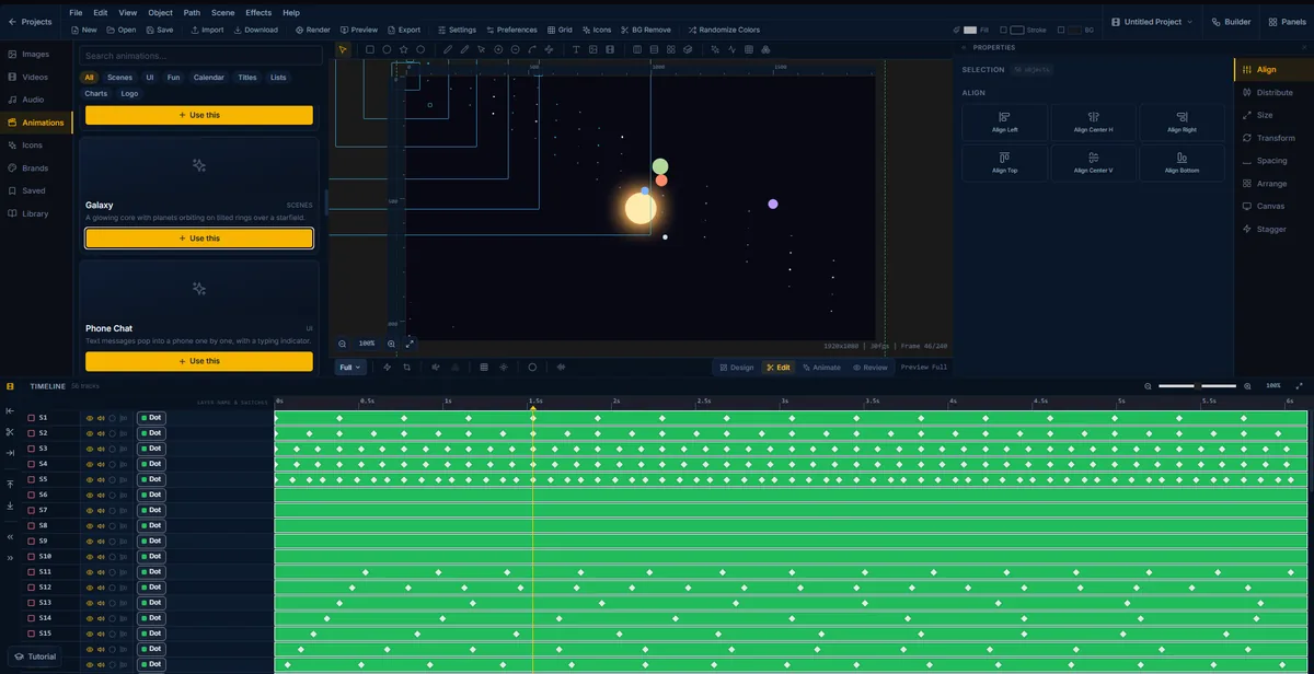The Galaxy template open in the FlashFX editor