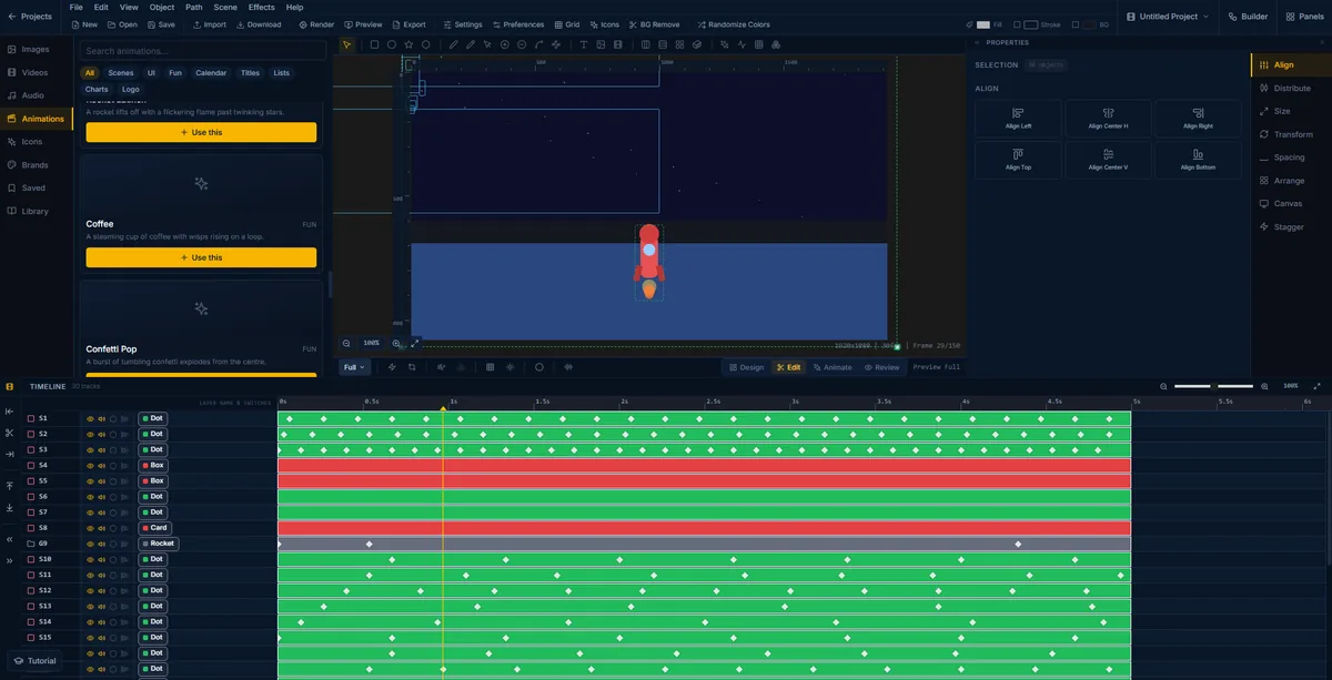 The Rocket Launch template open in the FlashFX editor